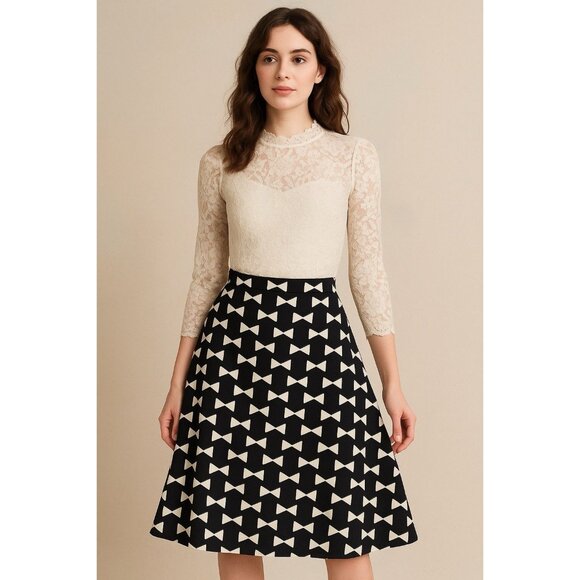 Kate Spade New York Bow Print A-Line Skirt Size 8 – Black White Retro Chic - Picture 1 of 10
